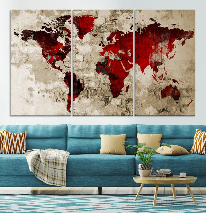 Red Watercolor World Map Print Framed Canvas Wall Art