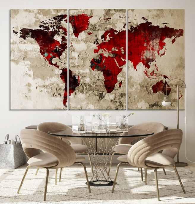 Red Watercolor World Map Print Framed Canvas Wall Art