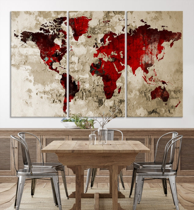 Red Watercolor World Map Print Framed Canvas Wall Art