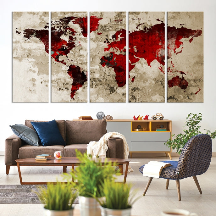 Red Watercolor World Map Print Framed Canvas Wall Art