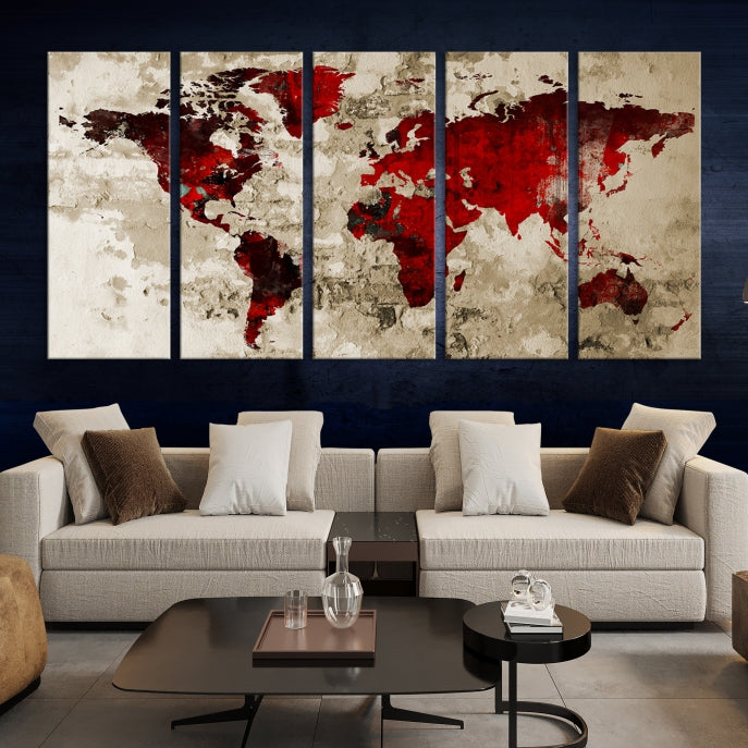 Red Watercolor World Map Print Framed Canvas Wall Art