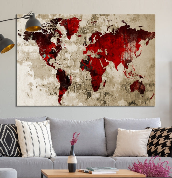 Red Watercolor World Map Print Framed Canvas Wall Art