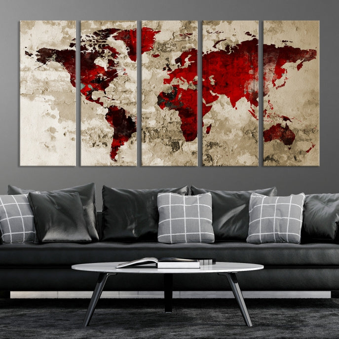 Red Watercolor World Map Print Framed Canvas Wall Art