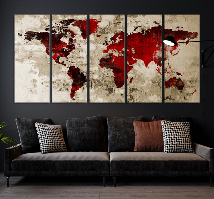 Red Watercolor World Map Print Framed Canvas Wall Art