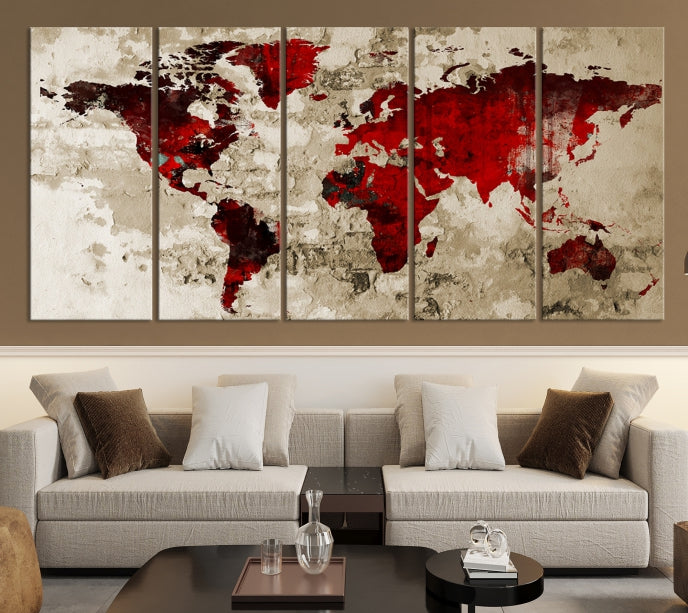 Red Watercolor World Map Print Framed Canvas Wall Art