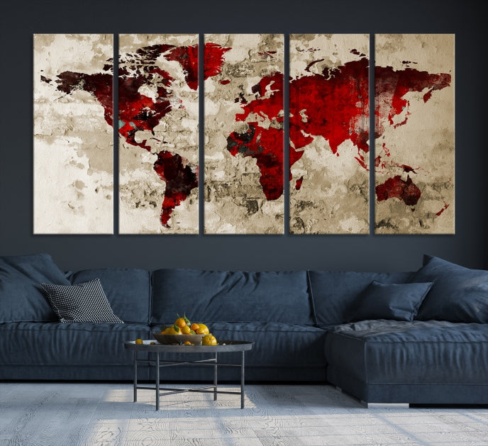 Red Watercolor World Map Print Framed Canvas Wall Art