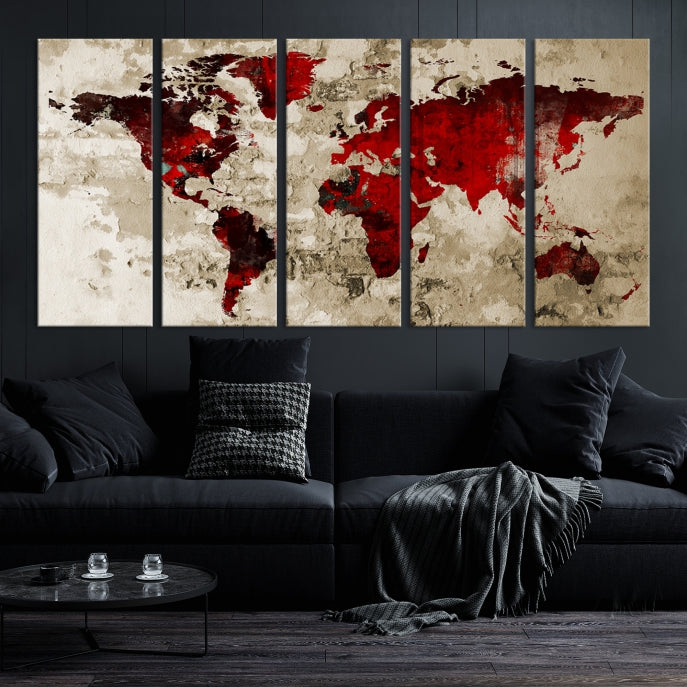 Red Watercolor World Map Print Framed Canvas Wall Art