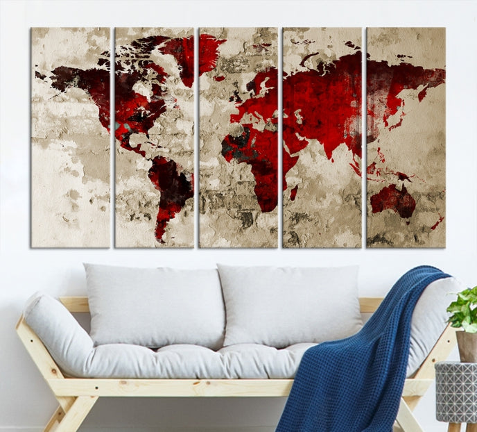 Red Watercolor World Map Print Framed Canvas Wall Art