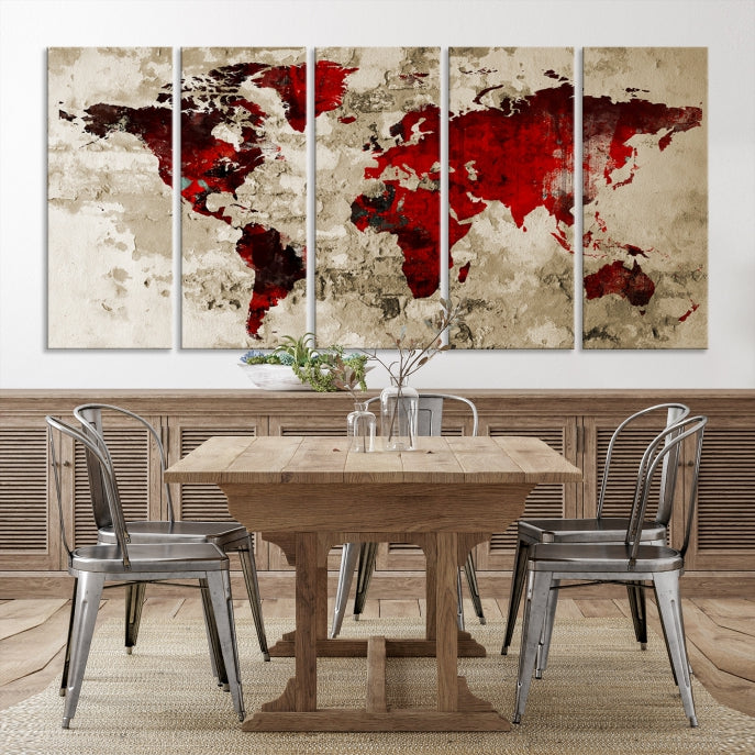 Red Watercolor World Map Print Framed Canvas Wall Art