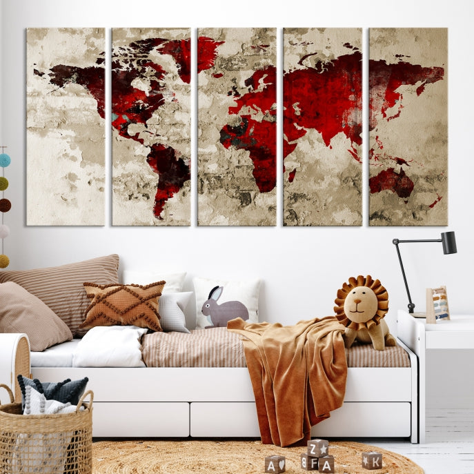 Red Watercolor World Map Print Framed Canvas Wall Art