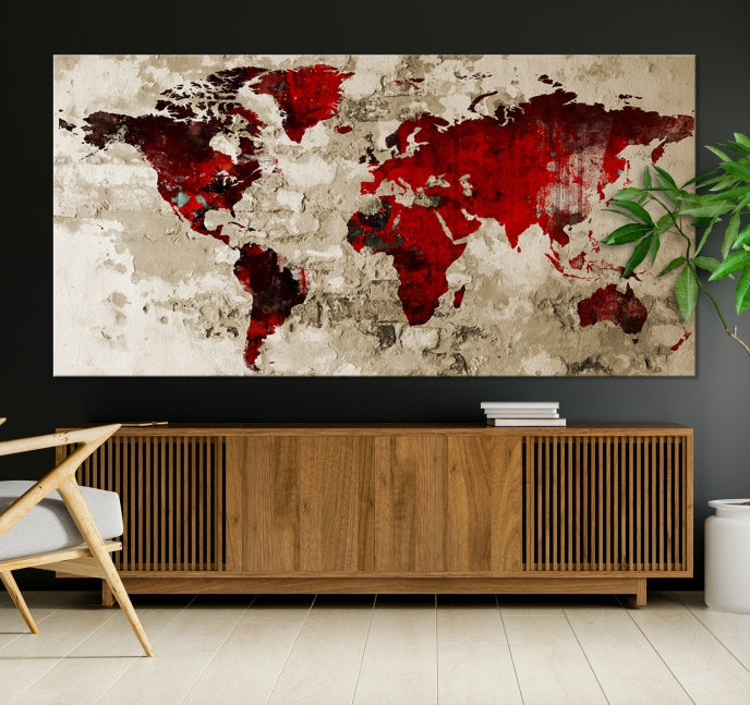 Red Watercolor World Map Print Framed Canvas Wall Art