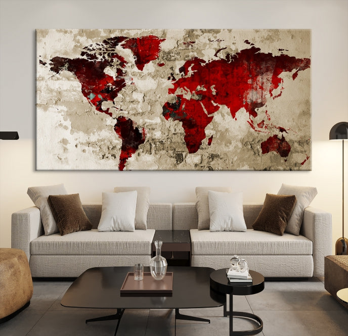 Red Watercolor World Map Print Framed Canvas Wall Art