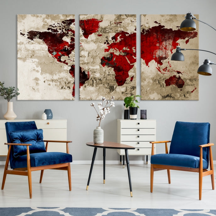 Red Watercolor World Map Print Framed Canvas Wall Art