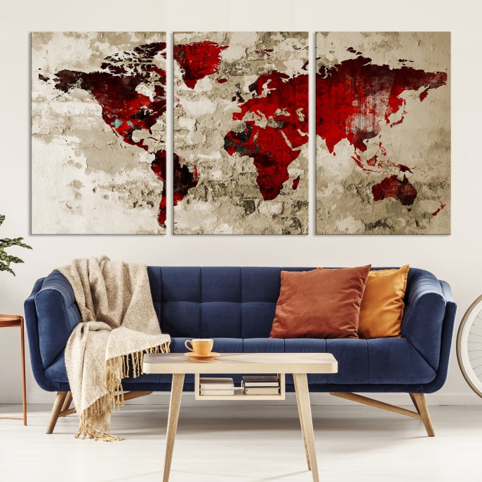 Red Watercolor World Map Print Framed Canvas Wall Art