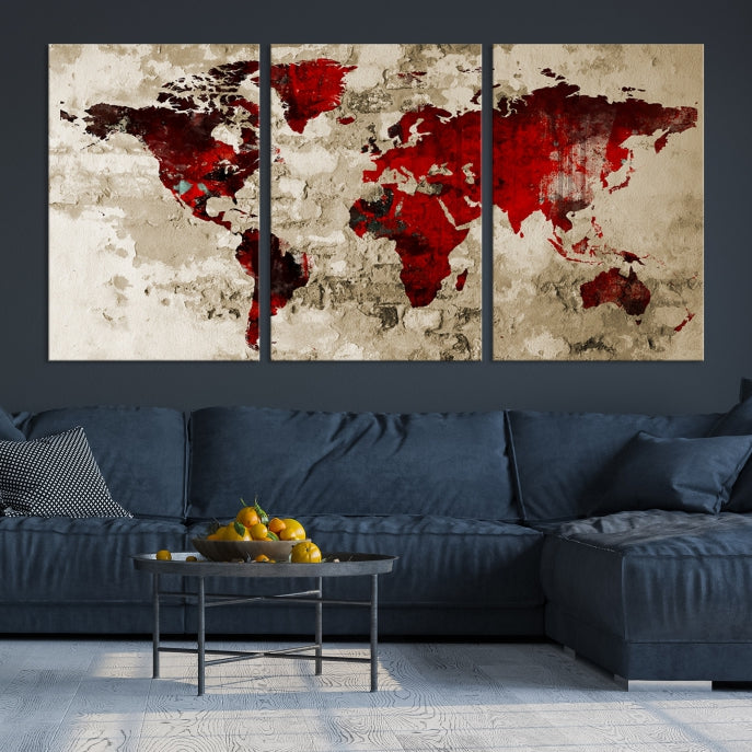 Red Watercolor World Map Print Framed Canvas Wall Art