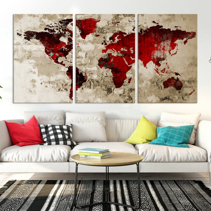 Red Watercolor World Map Print Framed Canvas Wall Art