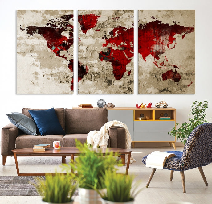 Red Watercolor World Map Print Framed Canvas Wall Art