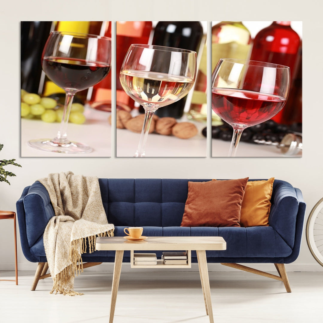 Red White and Rose Wine in Glass Winery Decor Wall Art Canvas Print