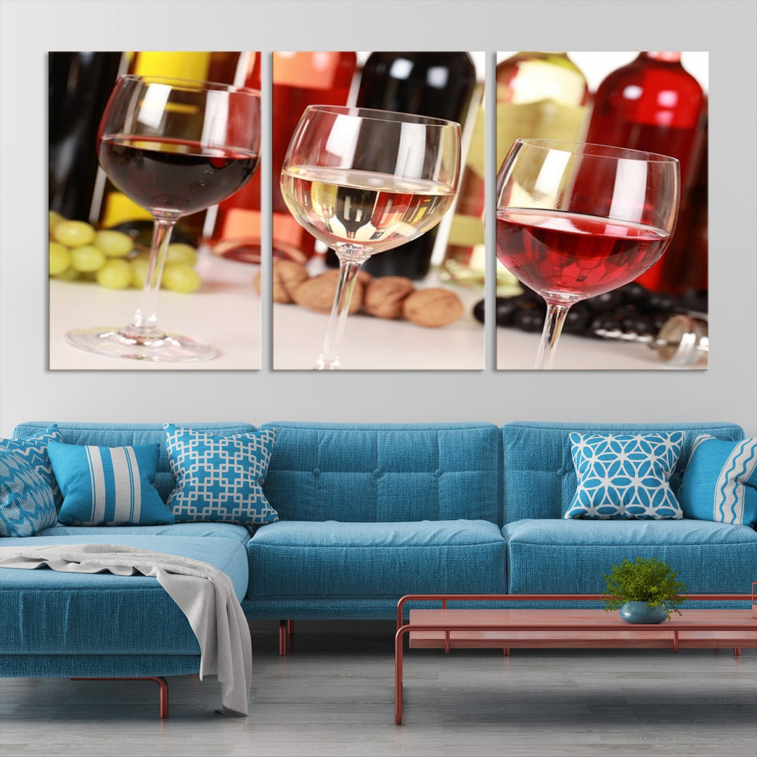 Red White and Rose Wine in Glass Winery Decor Wall Art Canvas Print