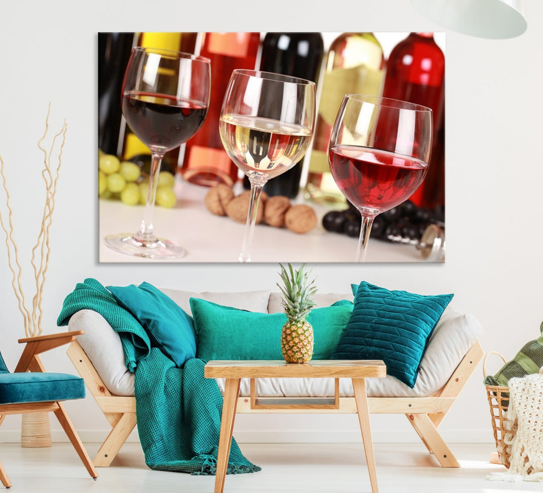 Red White and Rose Wine in Glass Winery Decor Wall Art Canvas Print