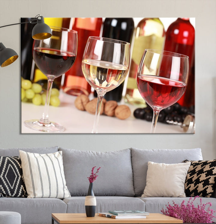 Red White and Rose Wine in Glass Winery Decor Wall Art Canvas Print