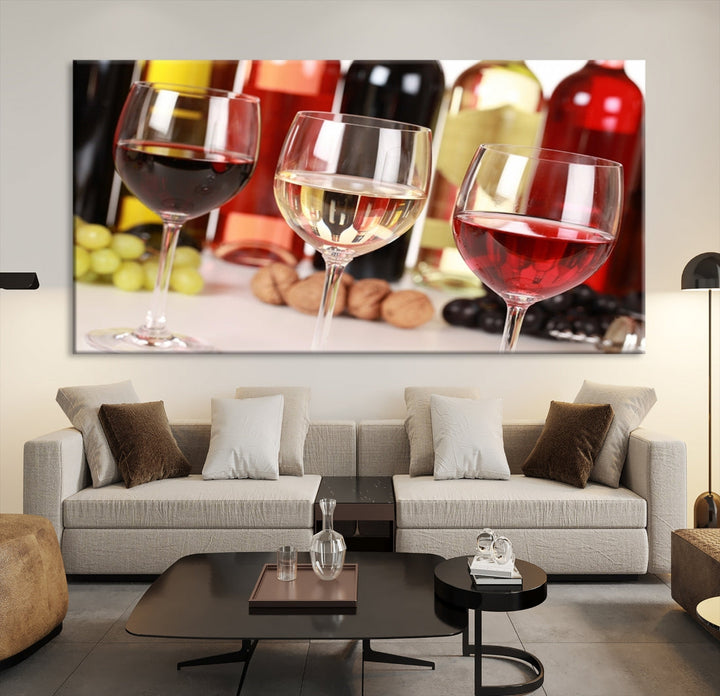 Red White and Rose Wine in Glass Winery Decor Wall Art Canvas Print