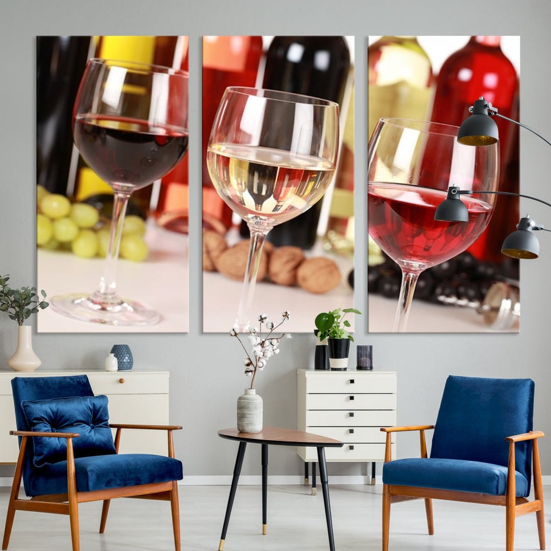 Red White and Rose Wine in Glass Winery Decor Wall Art Canvas Print