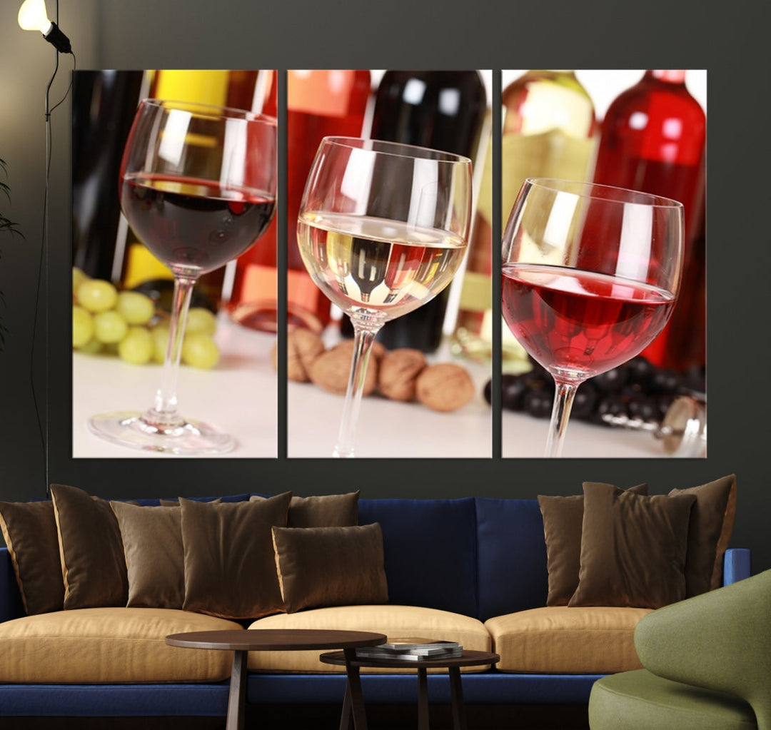 Red White and Rose Wine in Glass Winery Decor Wall Art Canvas Print