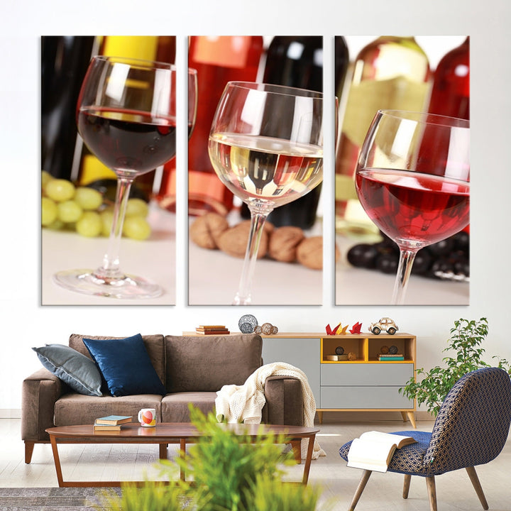 Red White and Rose Wine in Glass Winery Decor Wall Art Canvas Print