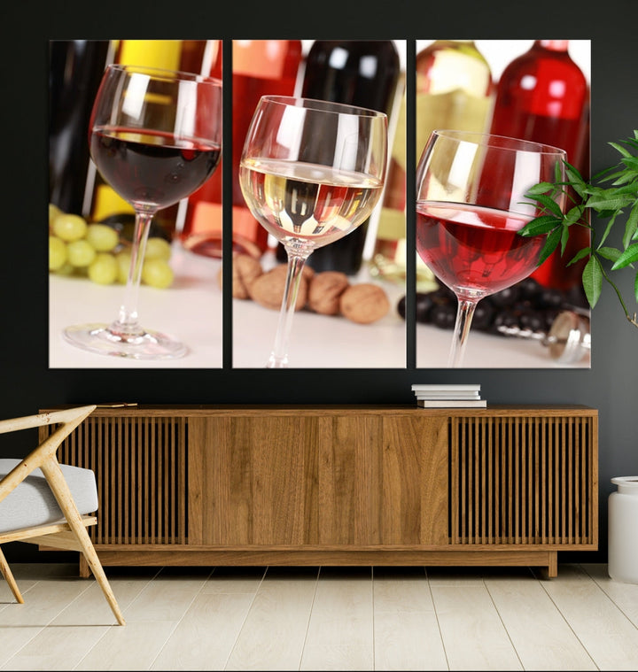 Red White and Rose Wine in Glass Winery Decor Wall Art Canvas Print