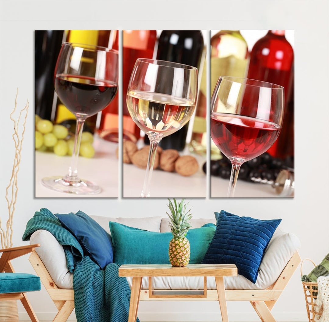 Red White and Rose Wine in Glass Winery Decor Wall Art Canvas Print