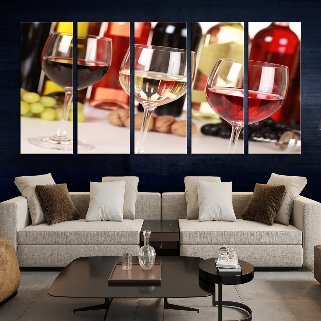 Red White and Rose Wine in Glass Winery Decor Wall Art Canvas Print