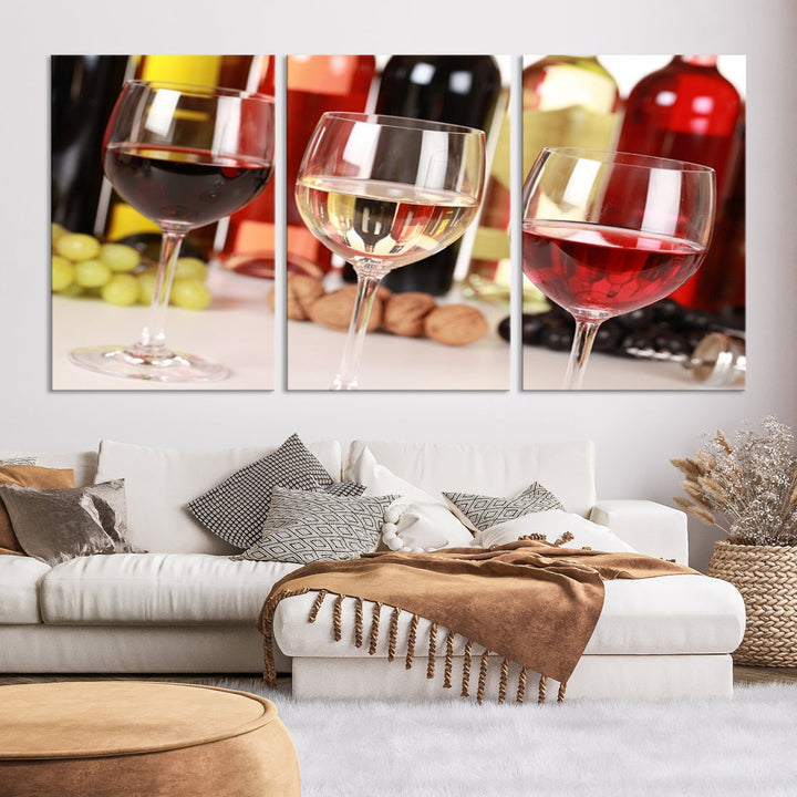 Red White and Rose Wine in Glass Winery Decor Wall Art Canvas Print