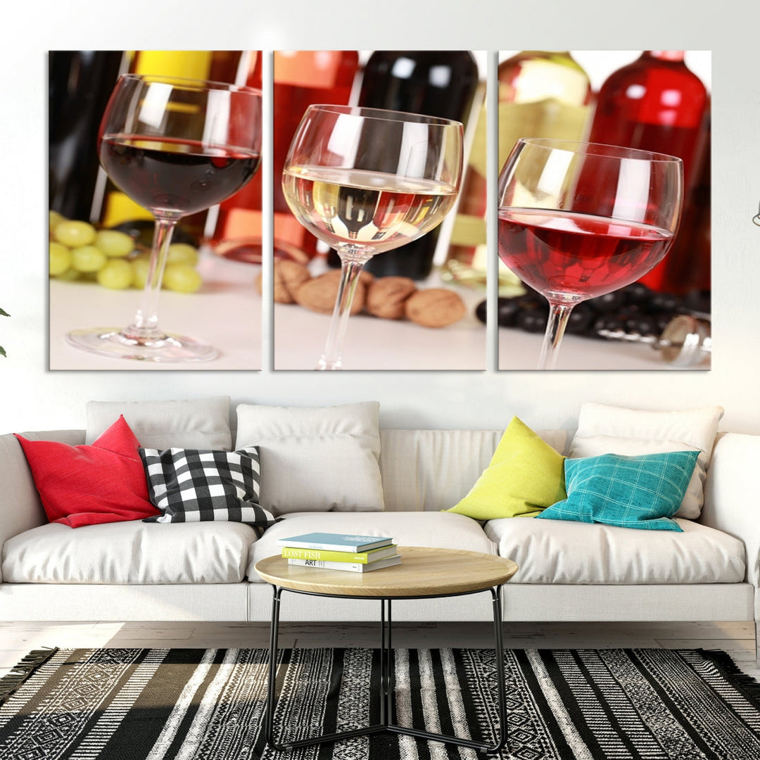 Red White and Rose Wine in Glass Winery Decor Wall Art Canvas Print