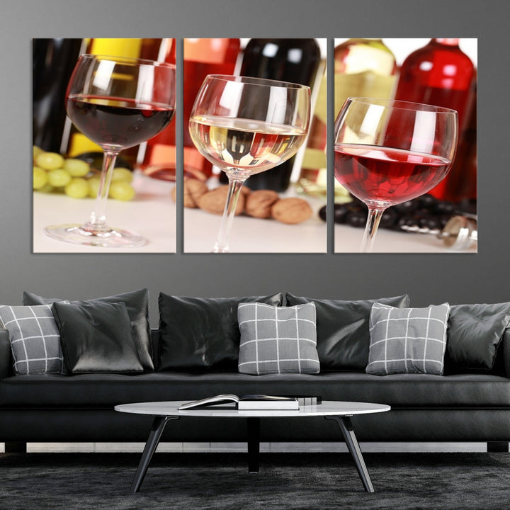 Red White and Rose Wine in Glass Winery Decor Wall Art Canvas Print