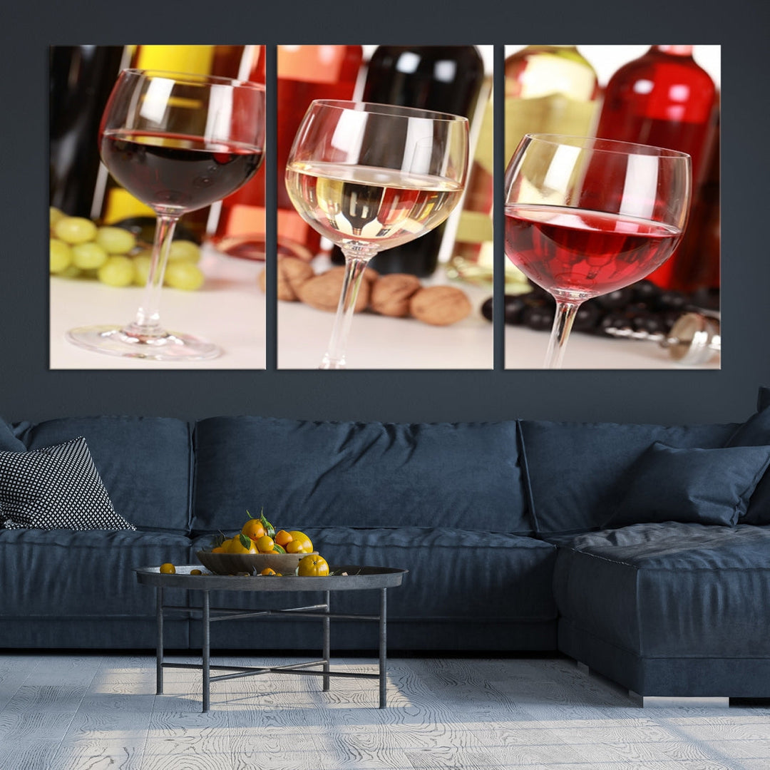 Red White and Rose Wine in Glass Winery Decor Wall Art Canvas Print