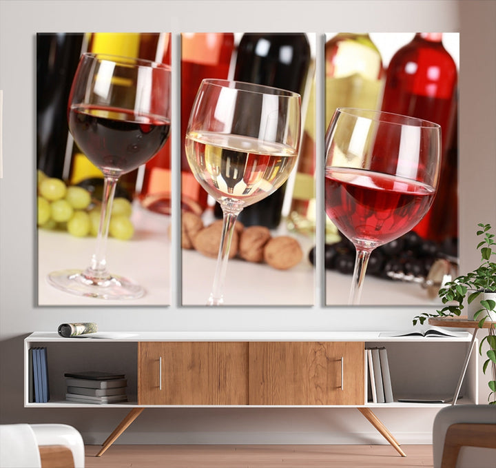 Red White and Rose Wine in Glass Winery Decor Wall Art Canvas Print