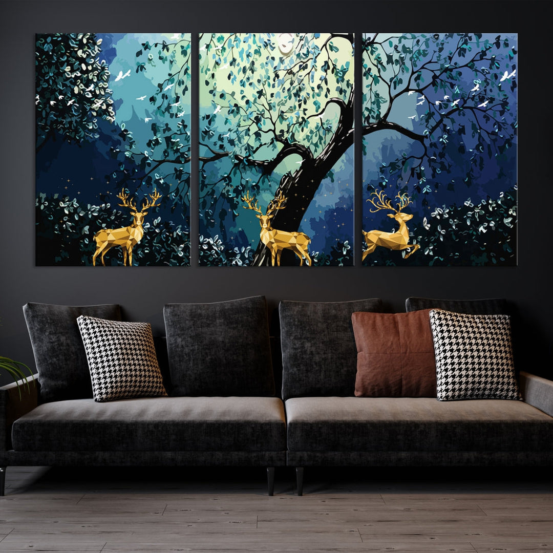 Reindeer and Full Moon Painting on Original Canvas Wall Art Large Print Framed