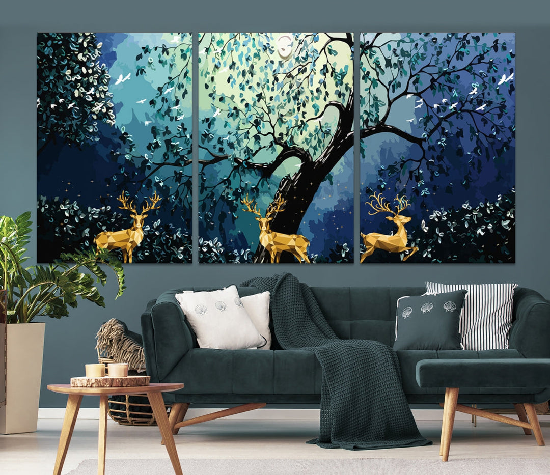 Reindeer and Full Moon Painting on Original Canvas Wall Art Large Print Framed