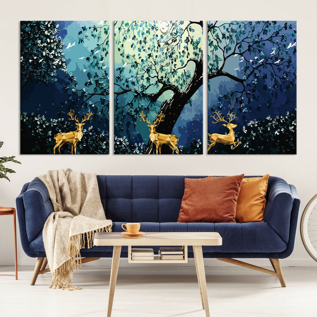 Reindeer and Full Moon Painting on Original Canvas Wall Art Large Print Framed