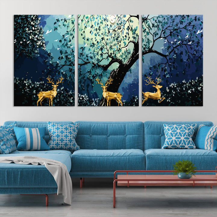 Reindeer and Full Moon Painting on Original Canvas Wall Art Large Print Framed