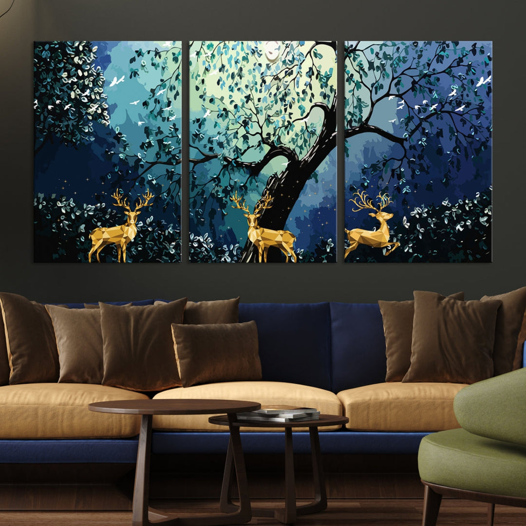 Reindeer and Full Moon Painting on Original Canvas Wall Art Large Print Framed