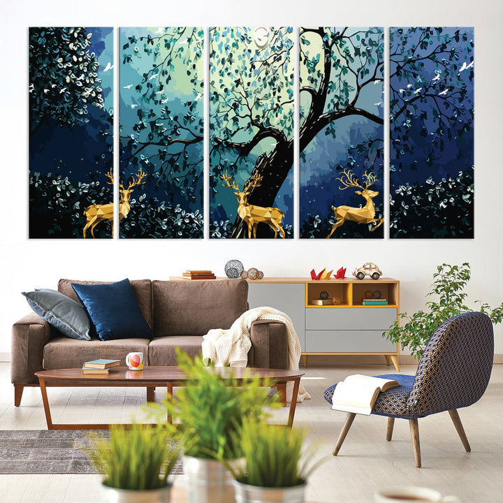 Reindeer and Full Moon Painting on Original Canvas Wall Art Large Print Framed