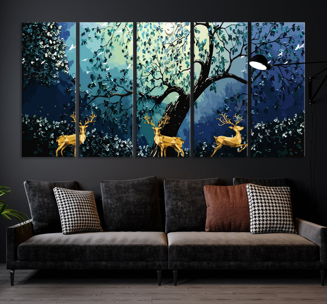 Reindeer and Full Moon Painting on Original Canvas Wall Art Large Print Framed