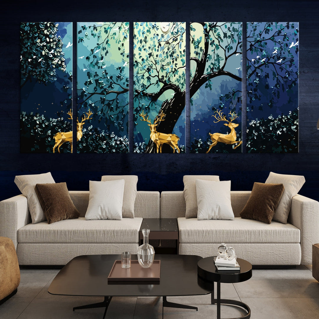 Reindeer and Full Moon Painting on Original Canvas Wall Art Large Print Framed