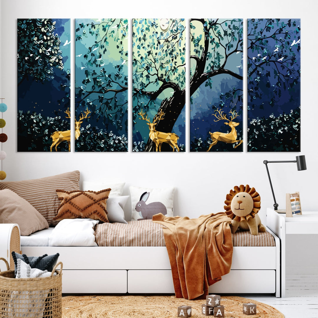 Reindeer and Full Moon Painting on Original Canvas Wall Art Large Print Framed