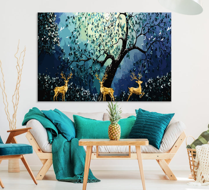 Reindeer and Full Moon Painting on Original Canvas Wall Art Large Print Framed