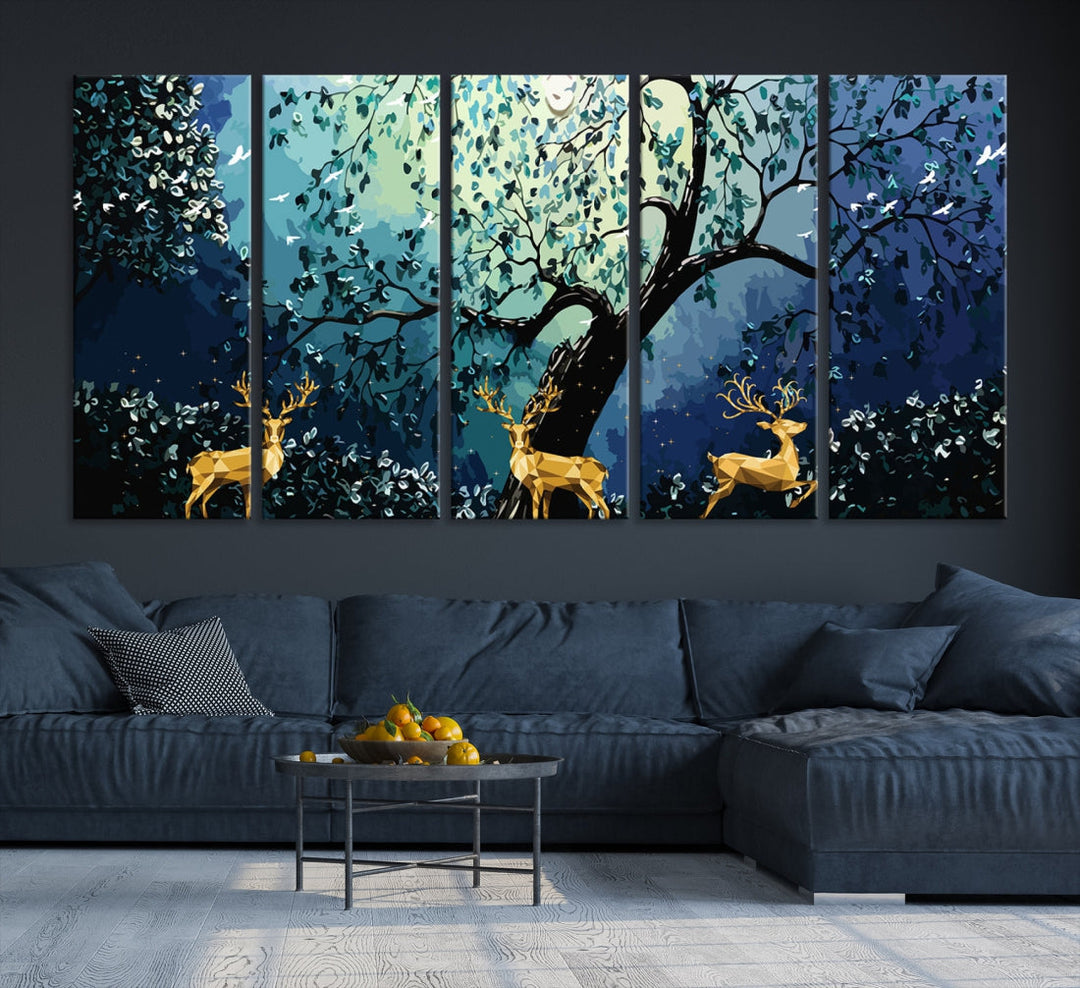 Reindeer and Full Moon Painting on Original Canvas Wall Art Large Print Framed