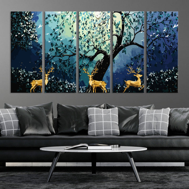 Reindeer and Full Moon Painting on Original Canvas Wall Art Large Print Framed