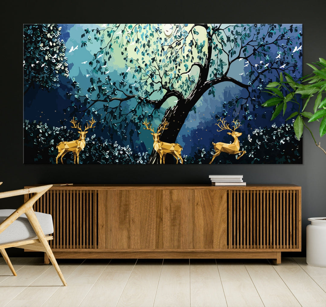 Reindeer and Full Moon Painting on Original Canvas Wall Art Large Print Framed